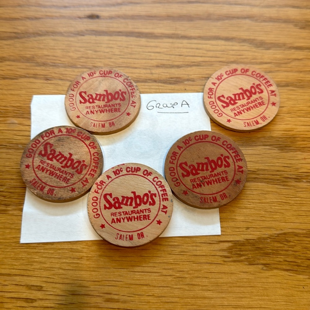 Antique vintage wooden coin Sambos Restaurant